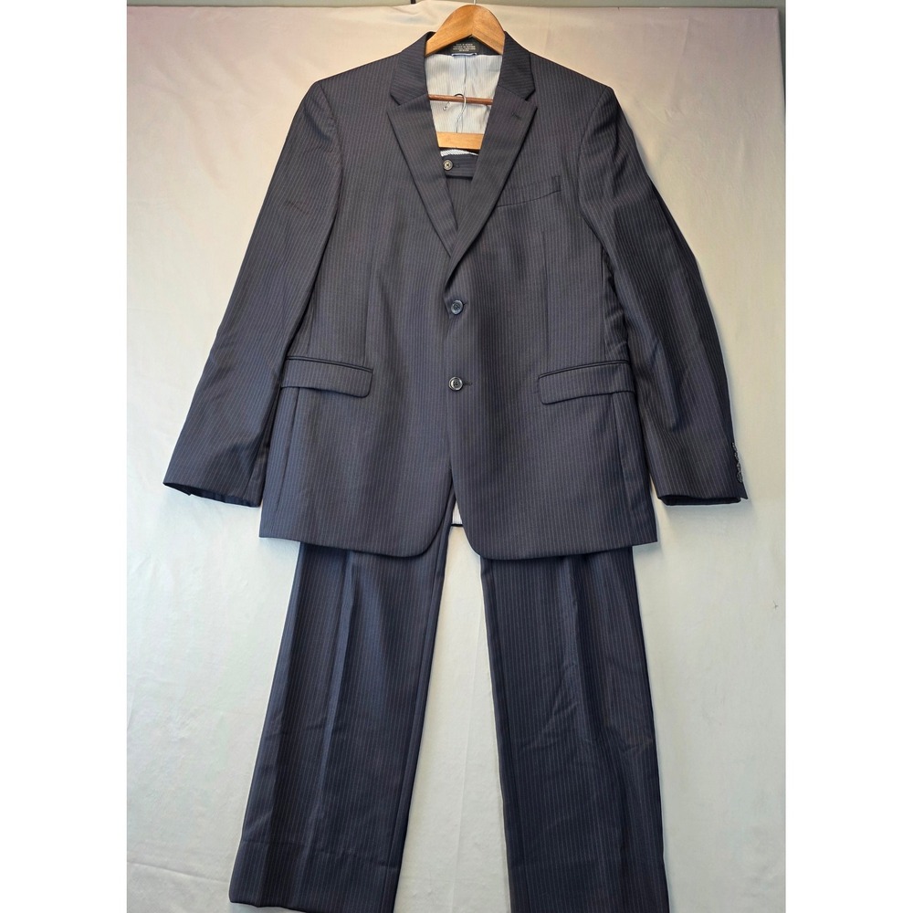 Tommy Hilfiger Mens Navy Pinstripe Worsted Wool Suit 44L Blazer 36x34 Pants